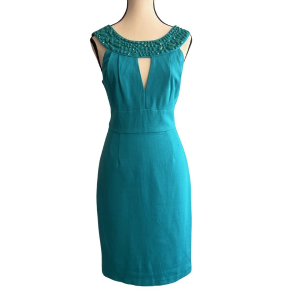 TRINA TURK Elegant Teal Sleeveless Beaded Dress
